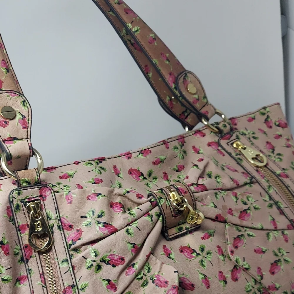 Betsey Johnson Beige Floral Tote with Pink Roses and Green Leaves